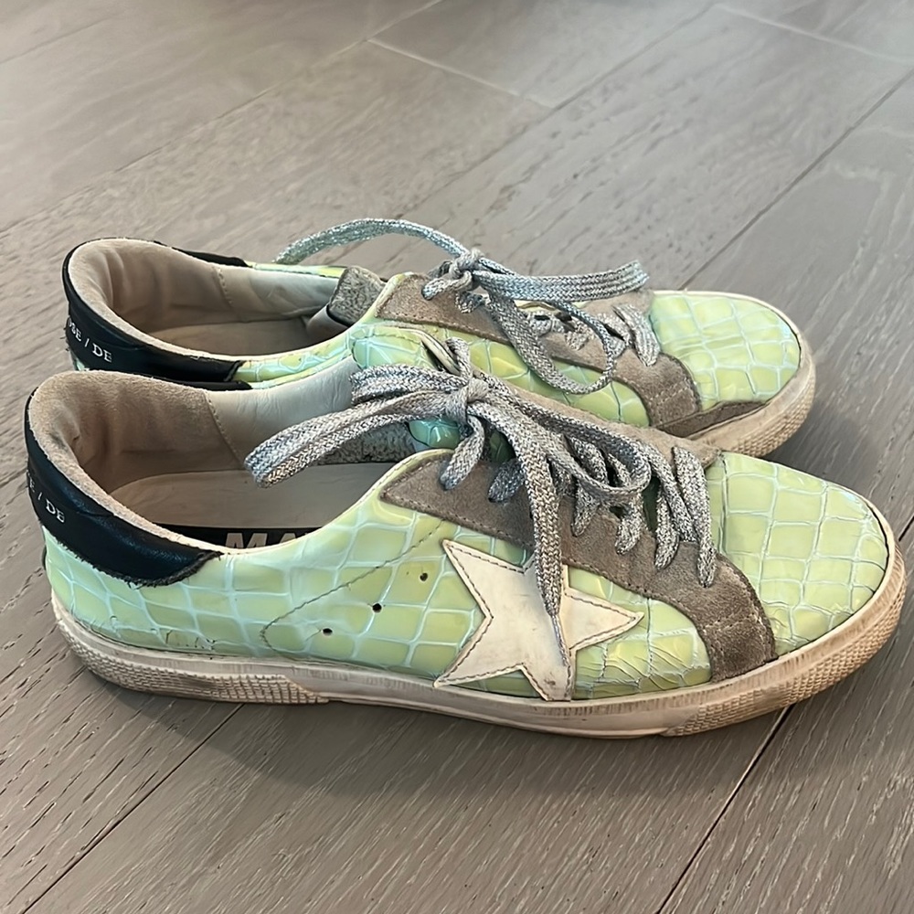 Golden Goose Iconic May sneakers in light blue crocodile & sparkling grey laces